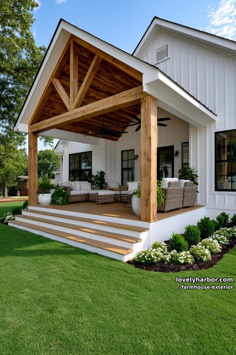 white farmhouse, wood porch, ceiling fans, wicker seating, manicured lawn, flower beds. 1