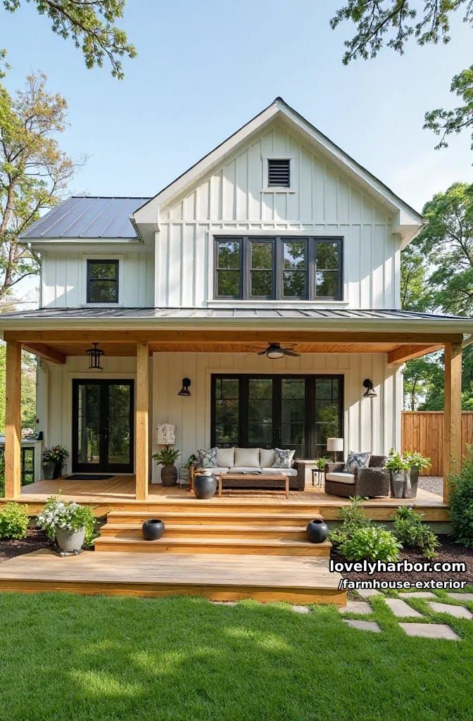 white farmhouse, wood porch, ceiling fans, wicker seating, manicured lawn, flower beds. 1