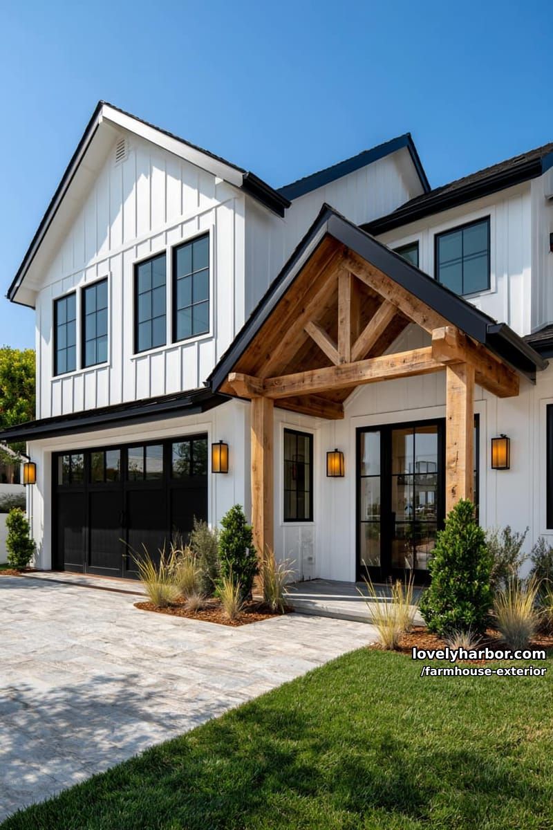 white house, board and batten, black windows, gabled roof, wood porch, black garage door. 1