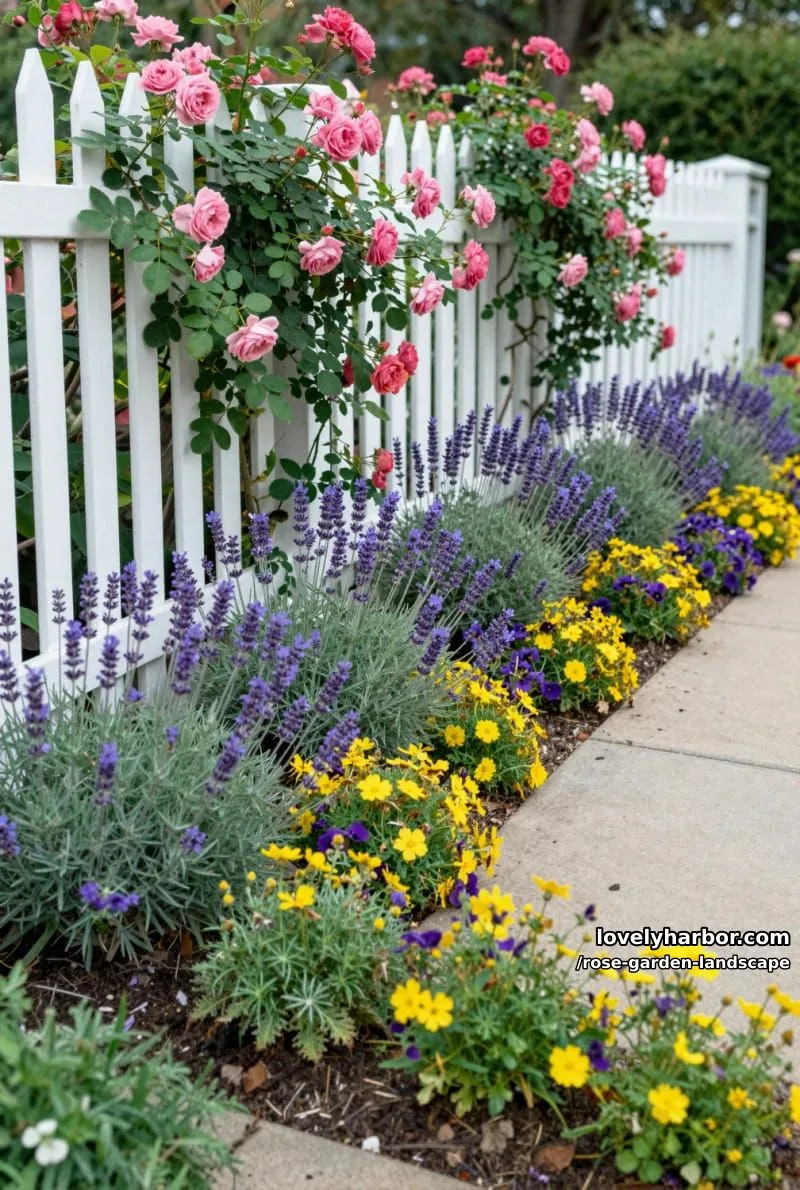 white picket fence adorned with climbing pink roses and colorful flowers. 1