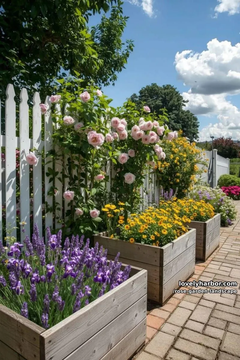 white picket fence adorned with climbing pink roses and colorful flowers. 1