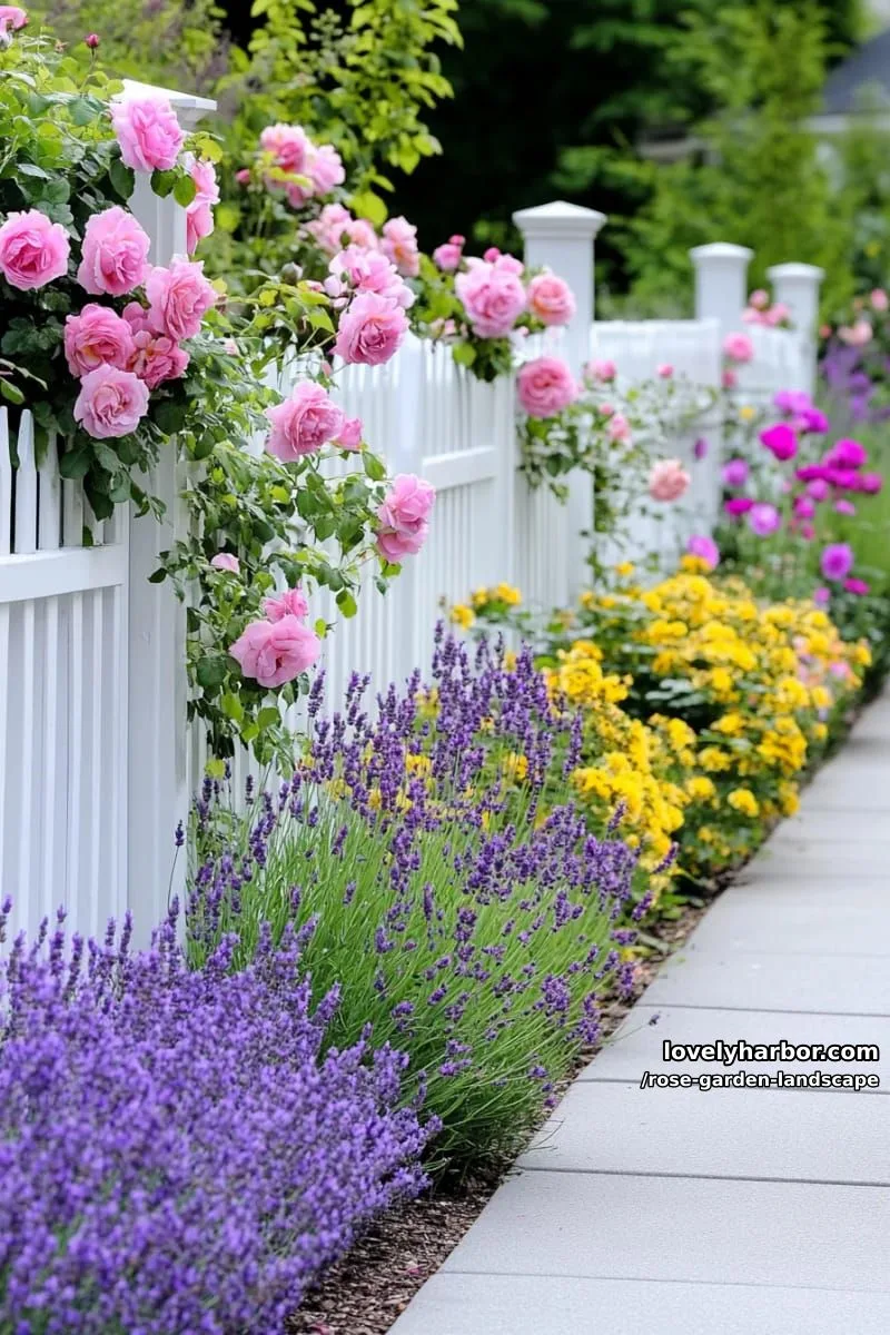 white picket fence adorned with climbing pink roses and colorful flowers. 1