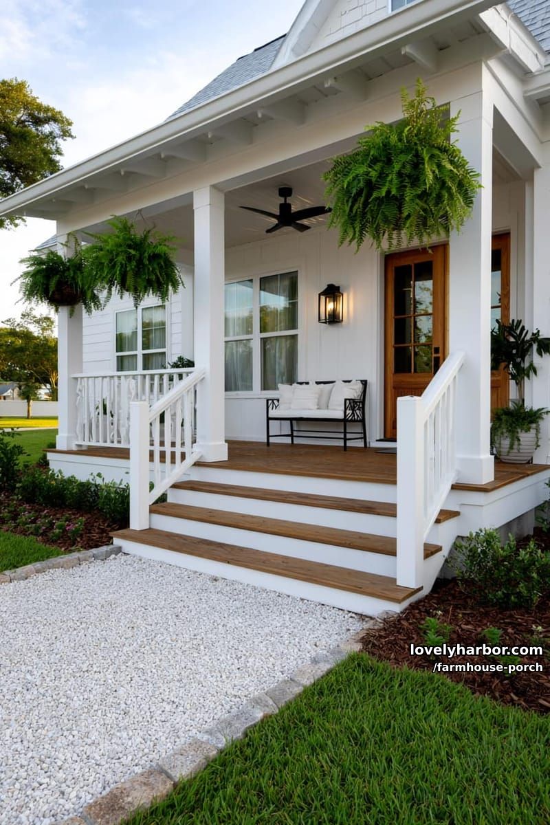 white porch with black bench, hanging ferns, glass door, and gravel walkway. 1