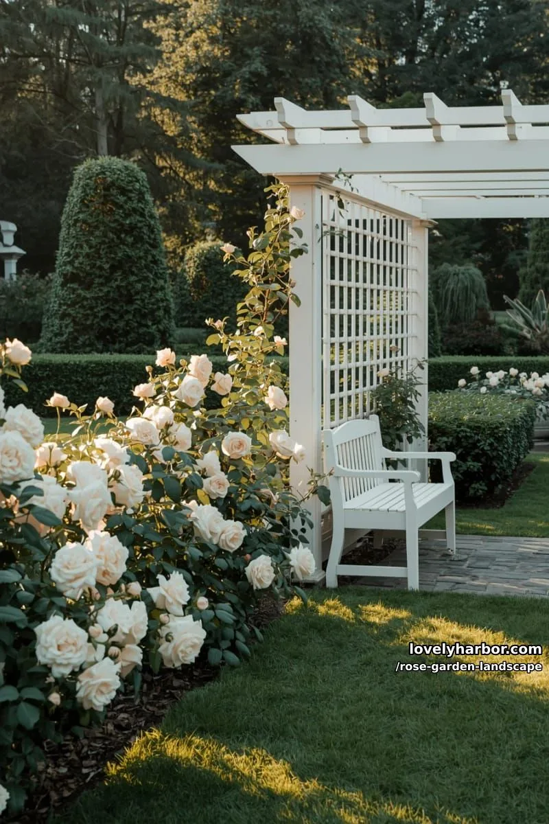 white rose bushes in a lush garden with white pergola and white bench. 1