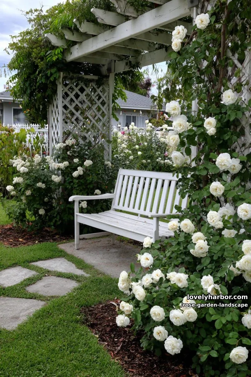white rose bushes in a lush garden with white pergola and white bench. 1