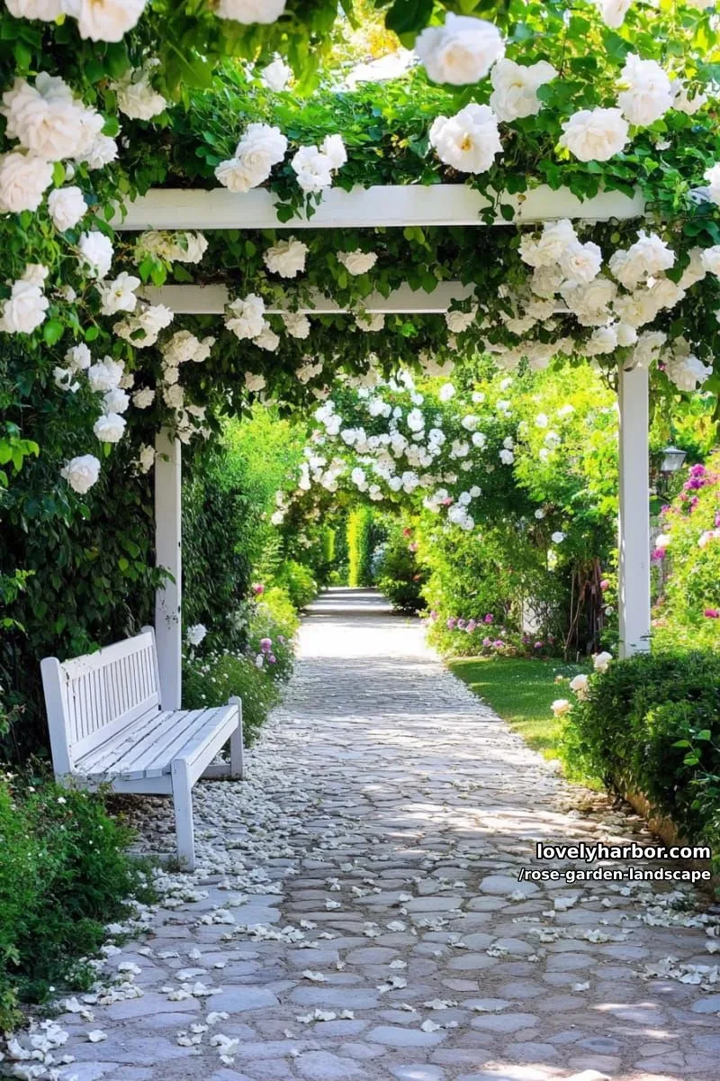 white rose bushes in a lush garden with white pergola and white bench. 1