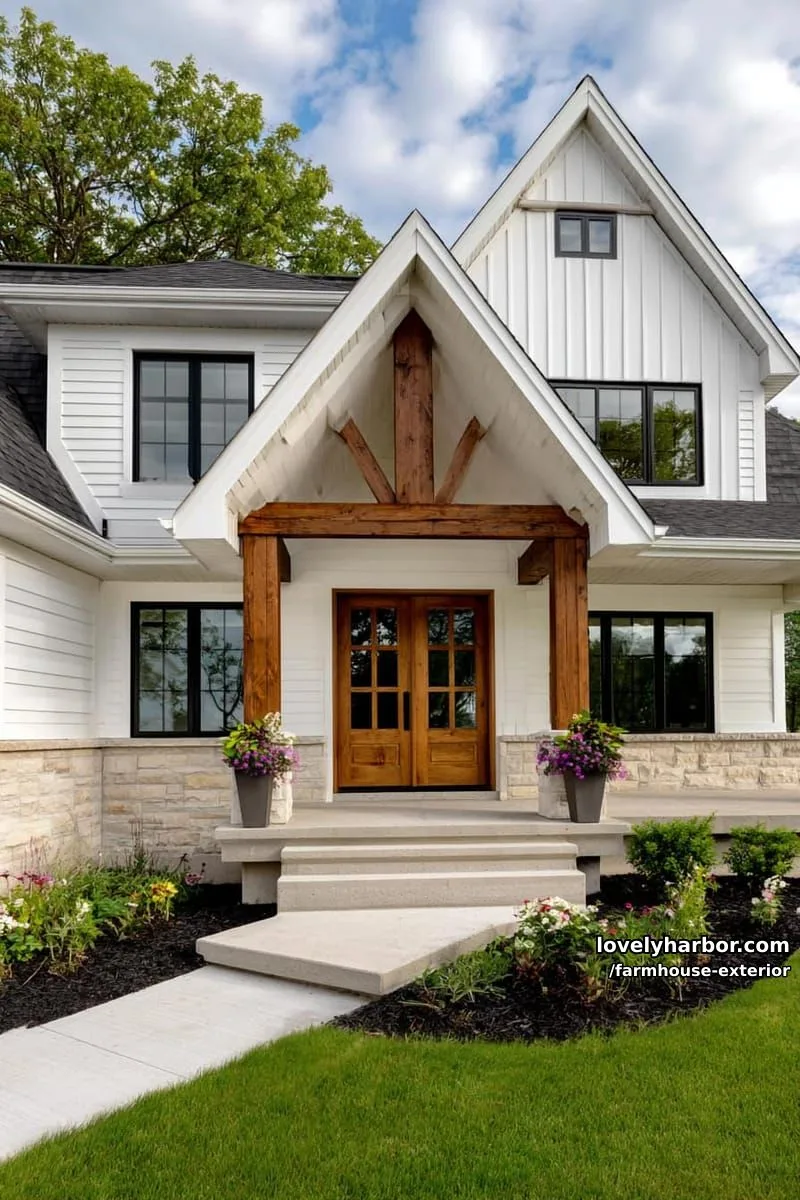 44 New Farmhouse Exterior Designs To Copy 52 white two-story house, black windows, gable, wood door, stone trim, potted flowers. 1