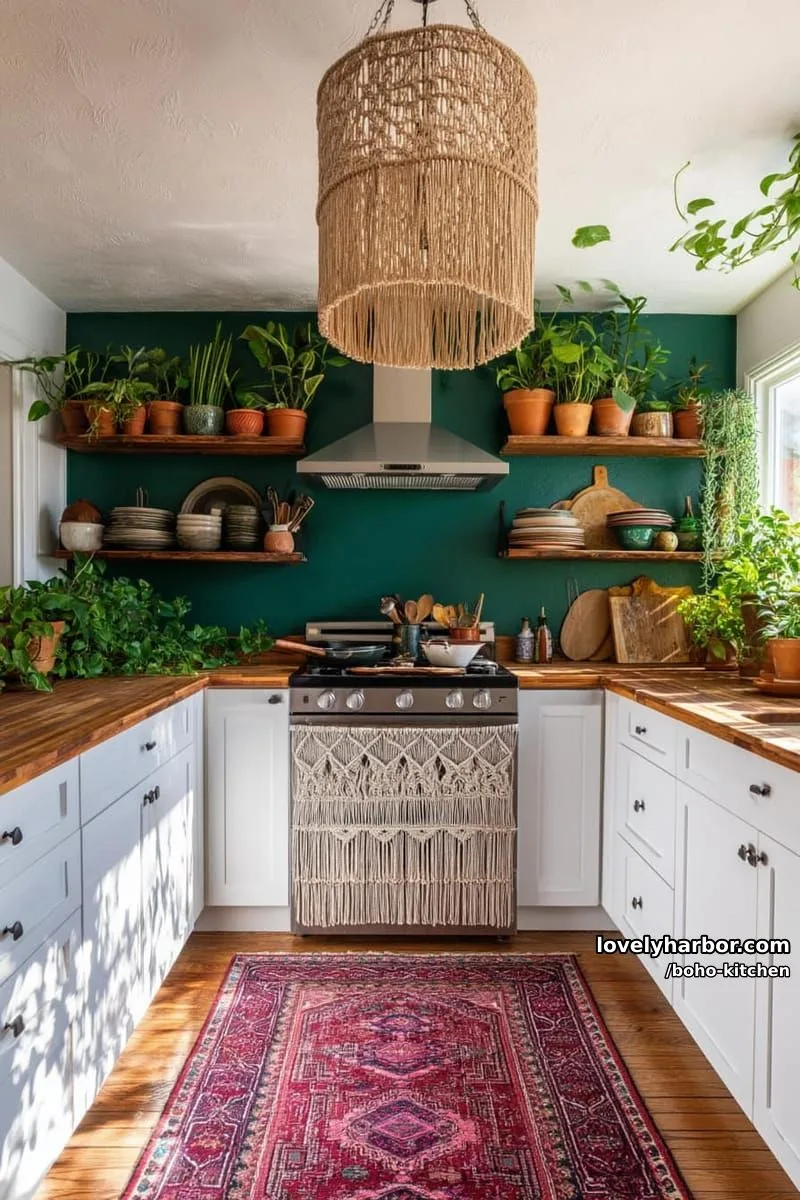 white u-shaped kitchen, green walls, floating shelves, macrame decor, patterned rug, plants. 1