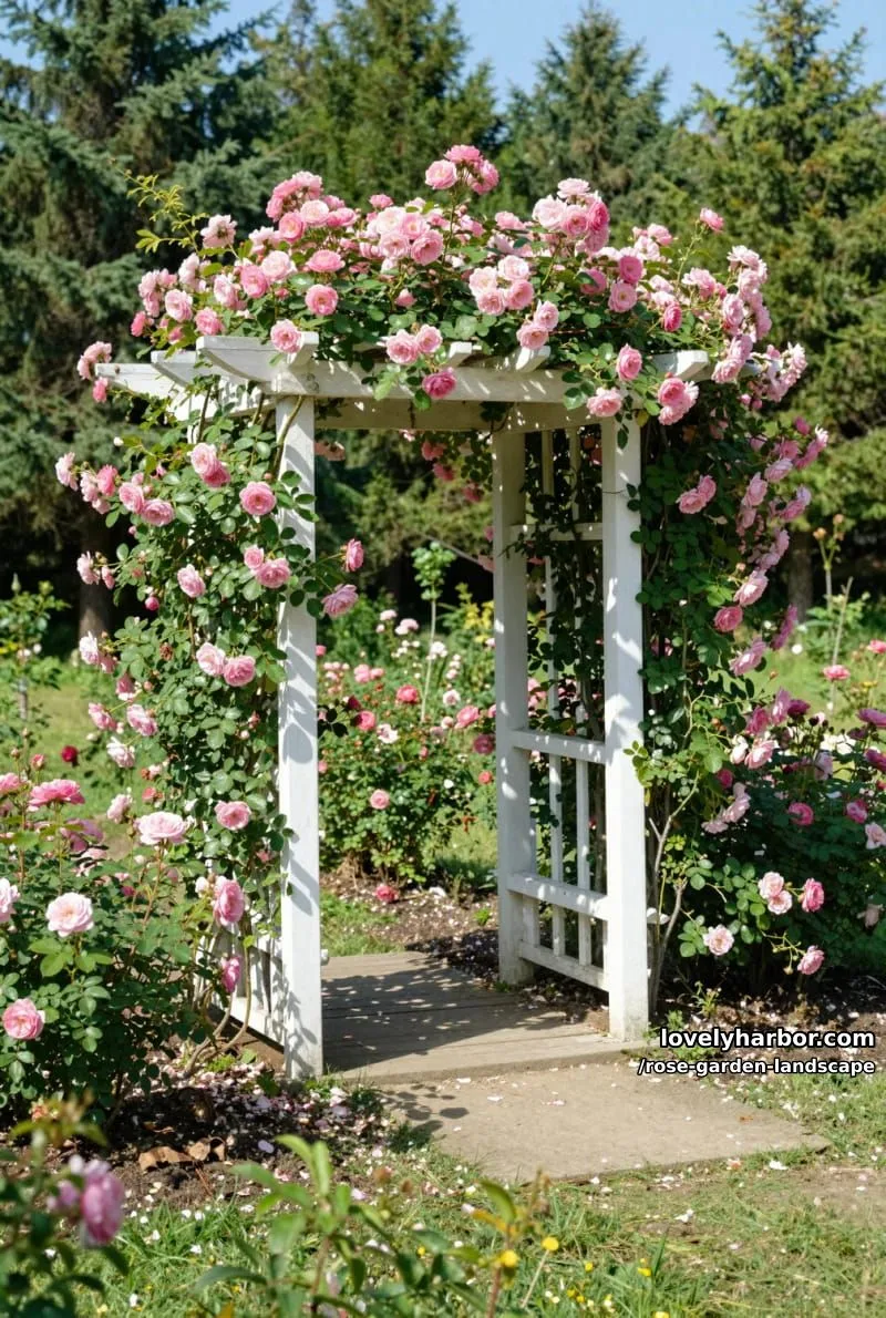 white wooden arbor covered in pink roses, surrounded by sunlit garden. 1