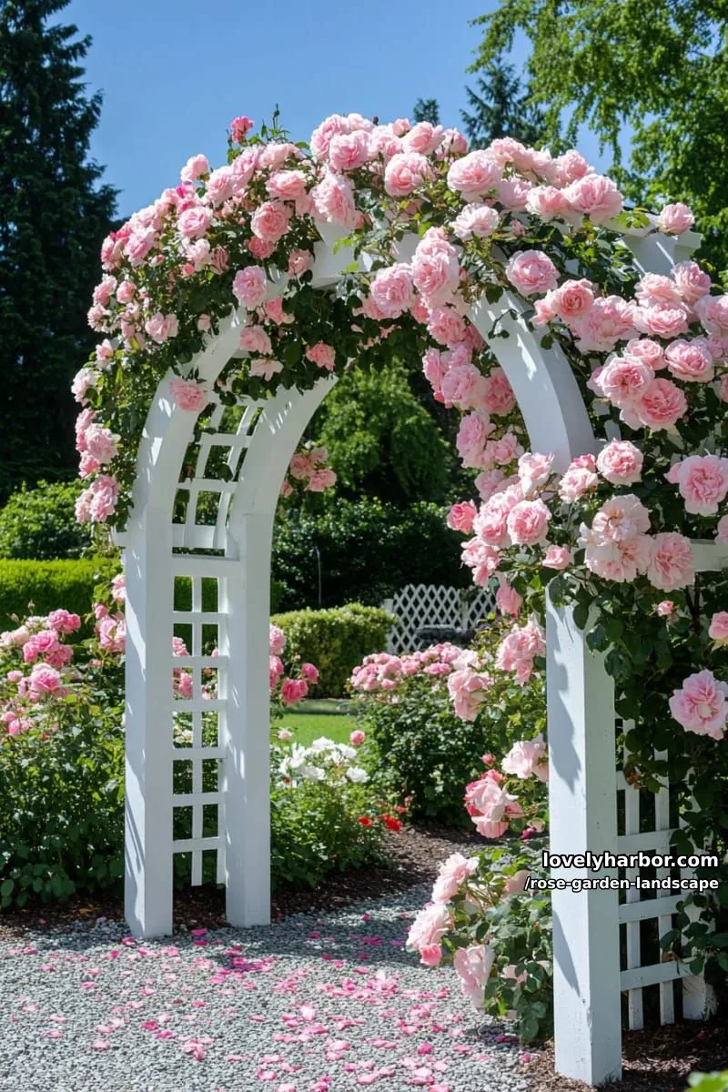 white wooden arbor covered in pink roses, surrounded by sunlit garden. 1