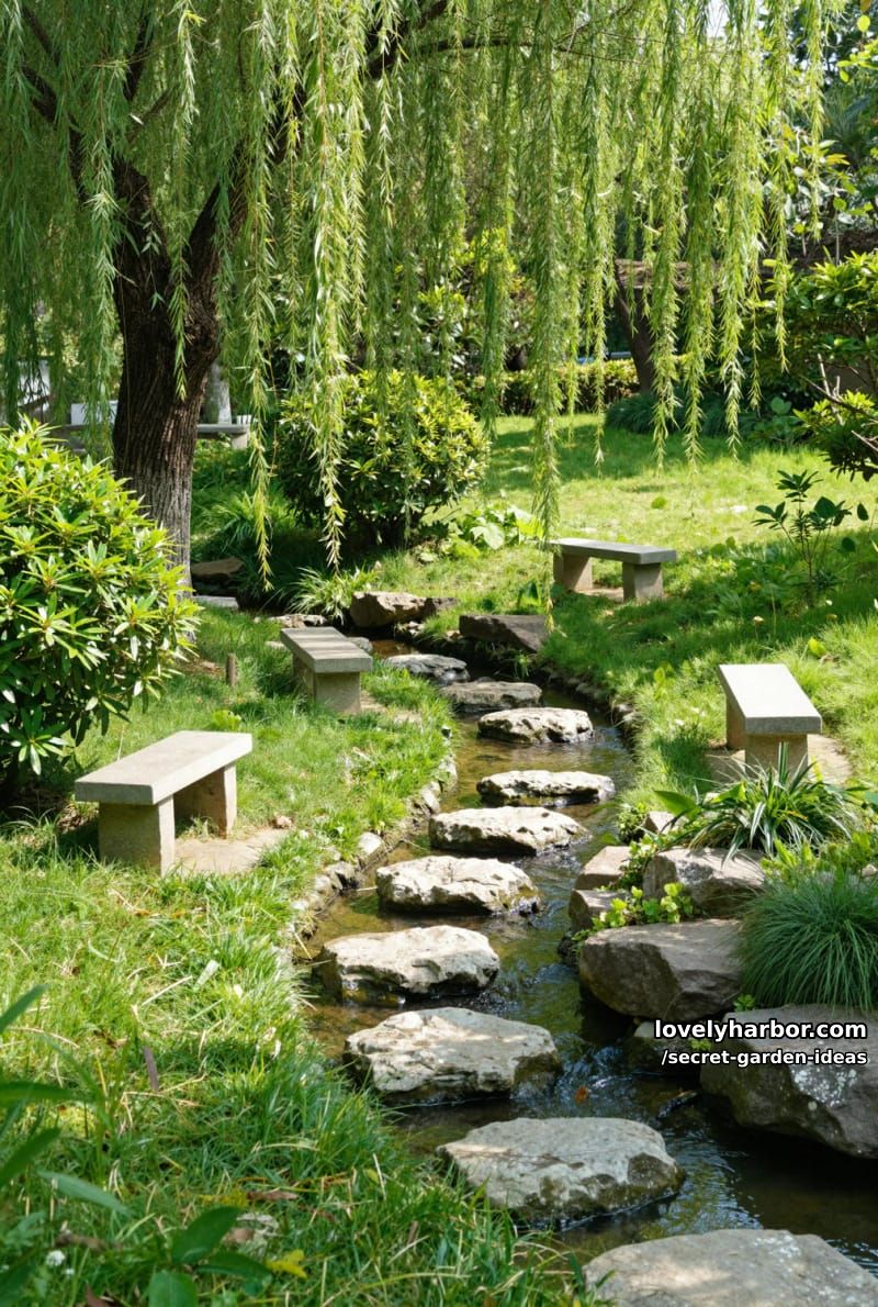 willow tree, stream with stepping stones, stone benches, and lush greenery. 1