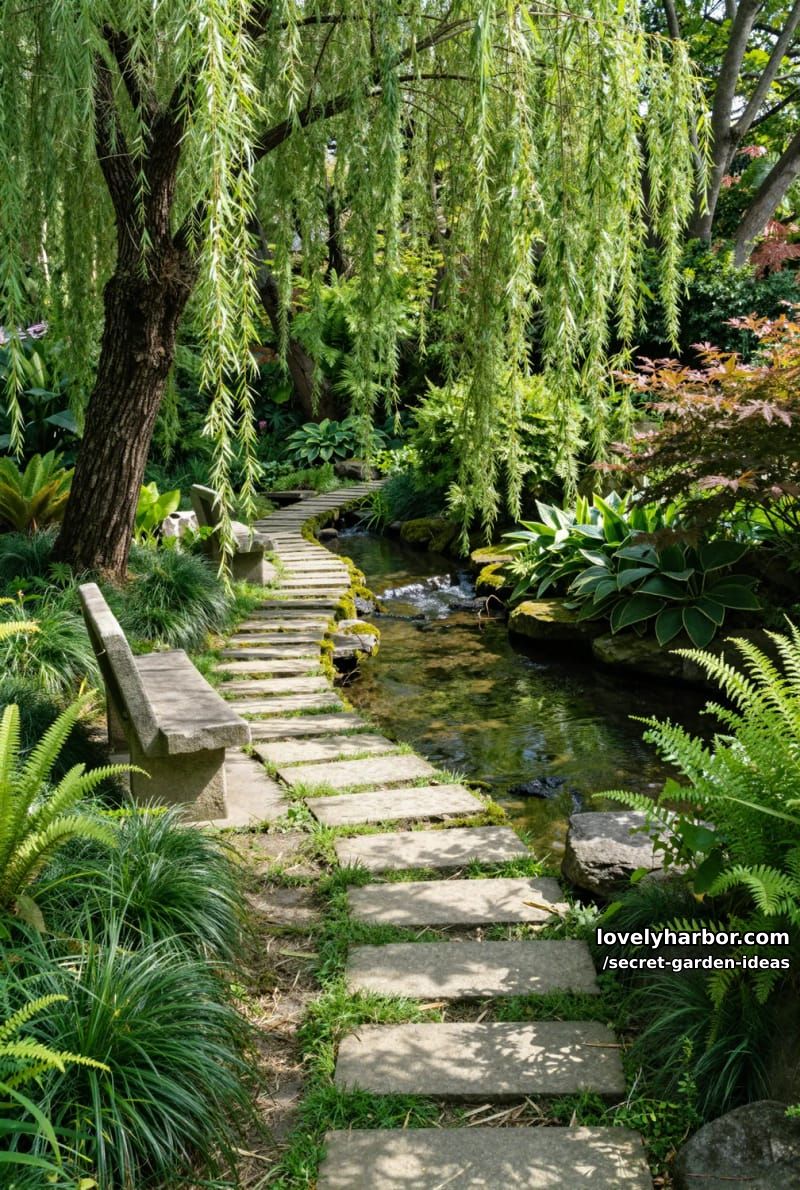 willow tree, stream with stepping stones, stone benches, and lush greenery. 1
