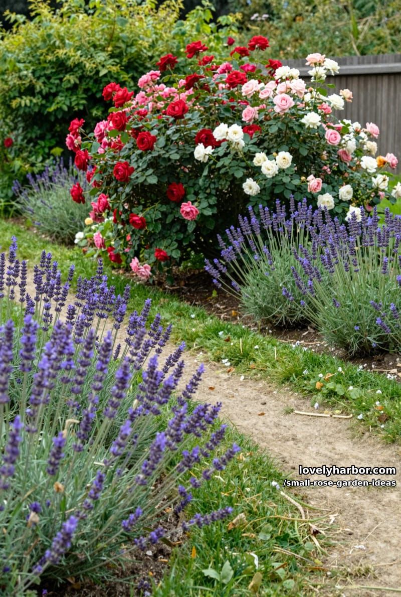 winding dirt path bordered by lavender and colorful bushy roses. 1