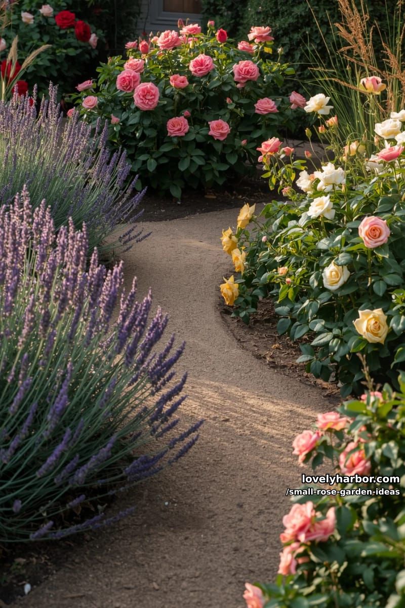 winding dirt path bordered by lavender and colorful bushy roses. 1