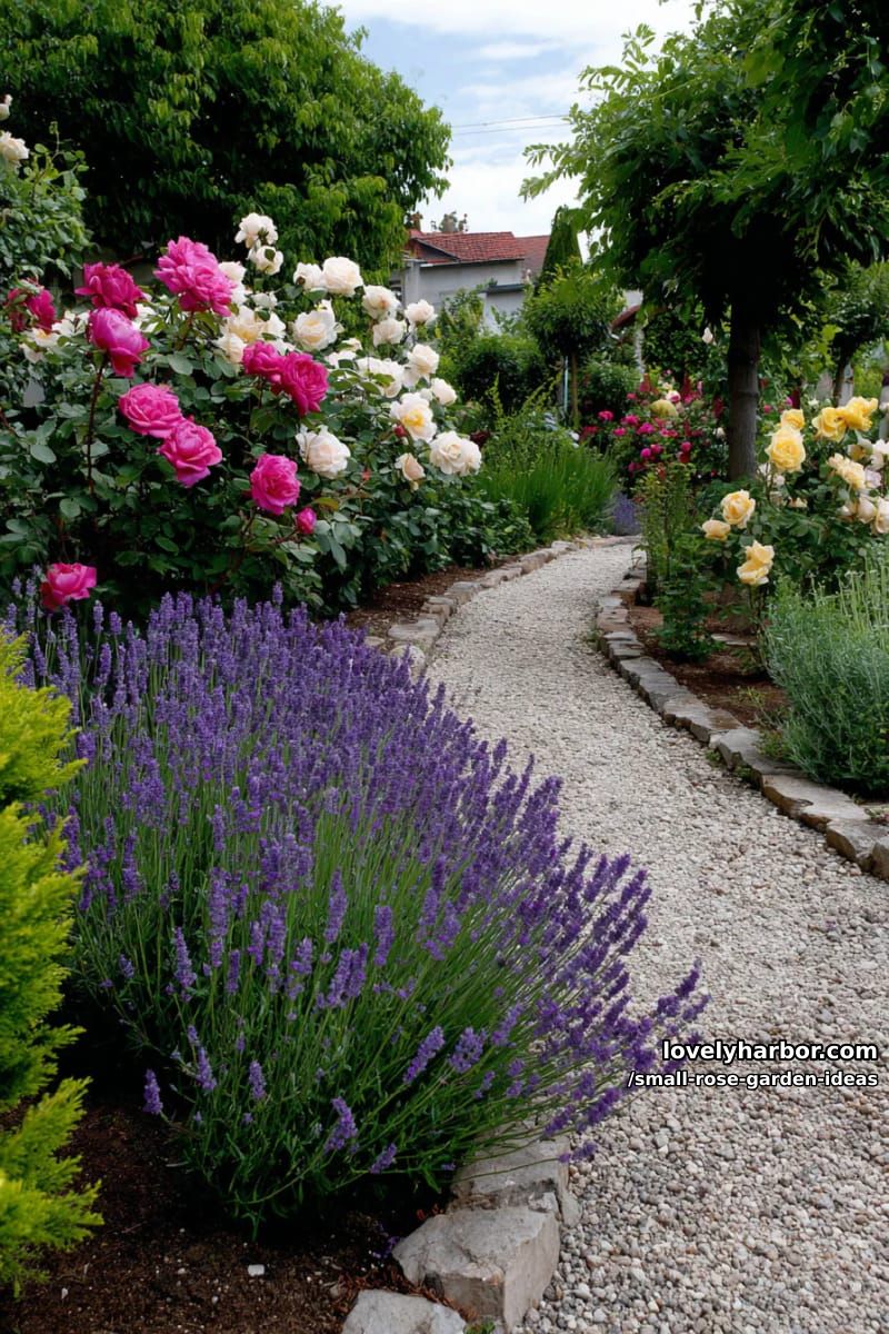 winding dirt path bordered by lavender and colorful bushy roses. 1