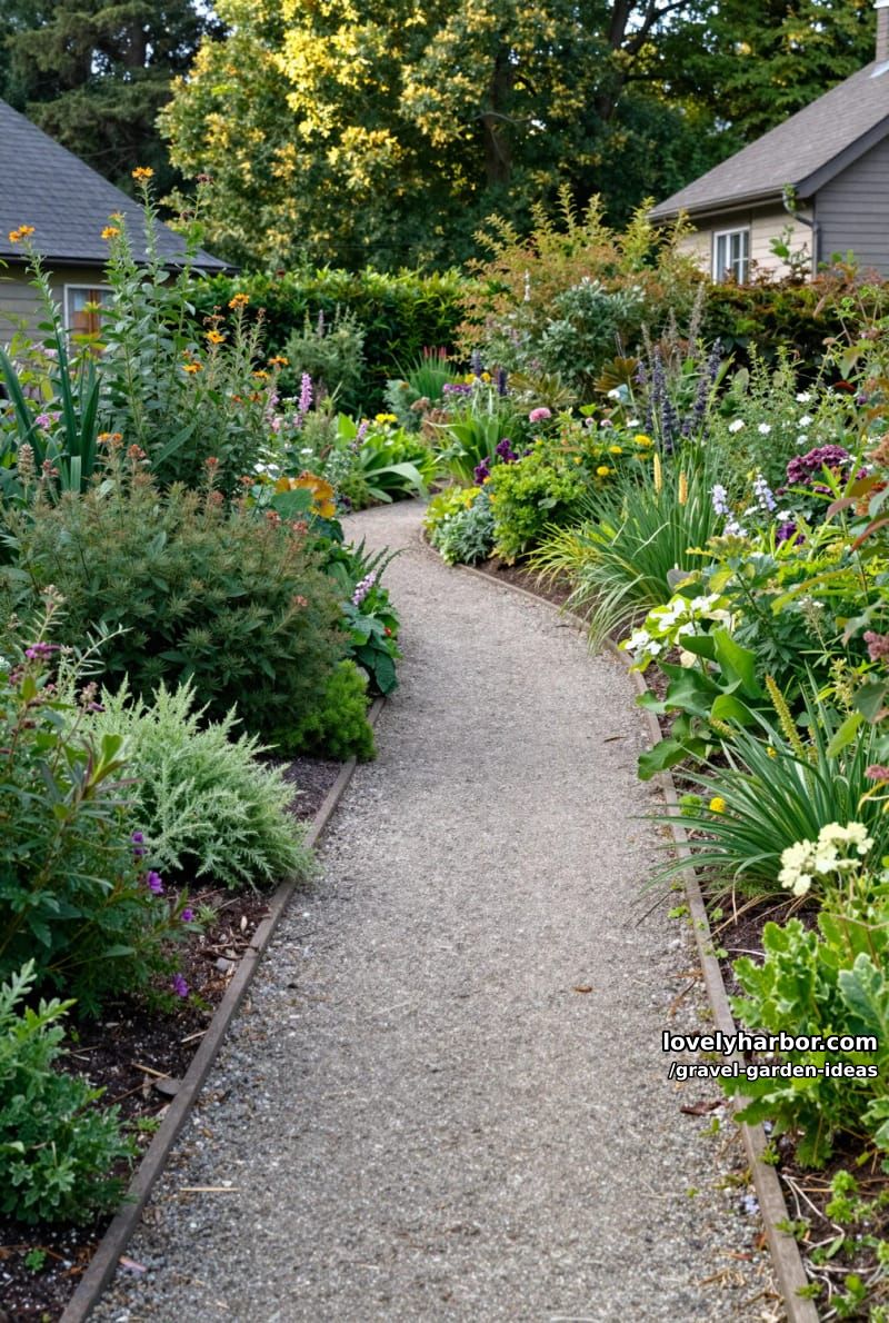 winding gravel garden path surrounded by lush greenery and flowering plants. 1