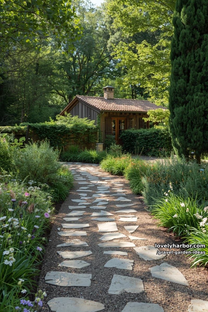 winding gravel garden path surrounded by lush greenery and flowering plants. 1