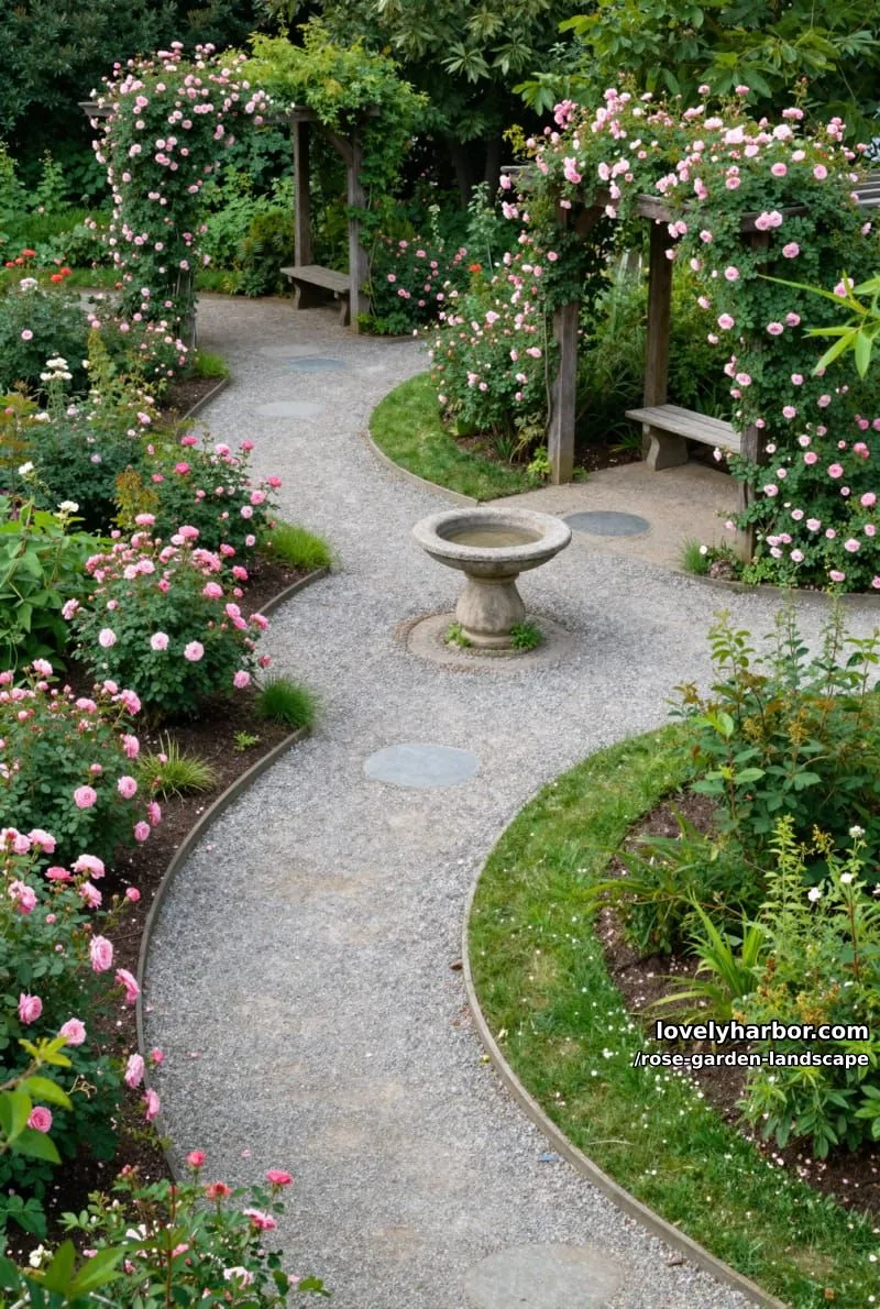 winding gravel paths with birdbath, pergolas, and blooming pink roses. 1