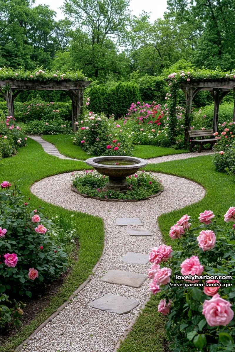 winding gravel paths with birdbath, pergolas, and blooming pink roses. 1