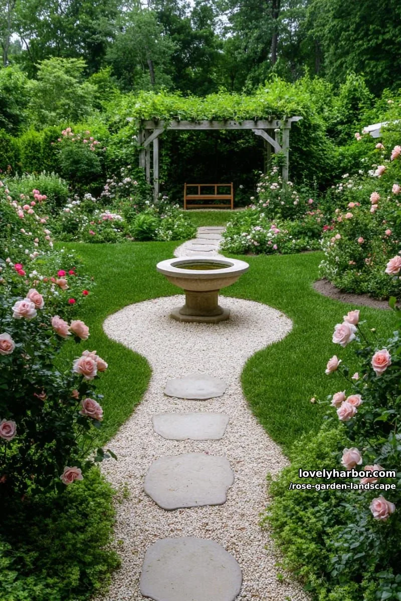 winding gravel paths with birdbath, pergolas, and blooming pink roses. 1