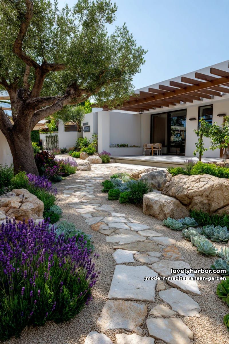 winding stone path through lavender, succulents, olive tree, pergola, and white wall. 1