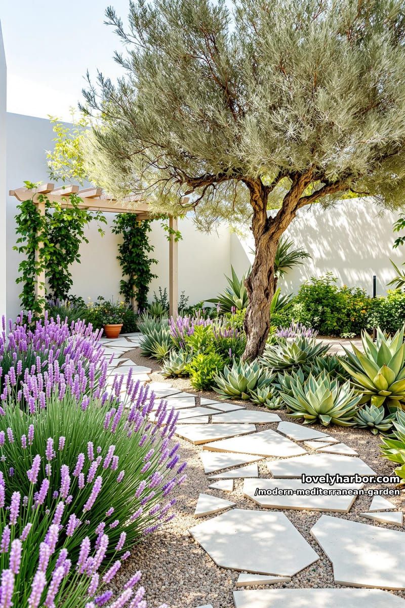 winding stone path through lavender, succulents, olive tree, pergola, and white wall. 1