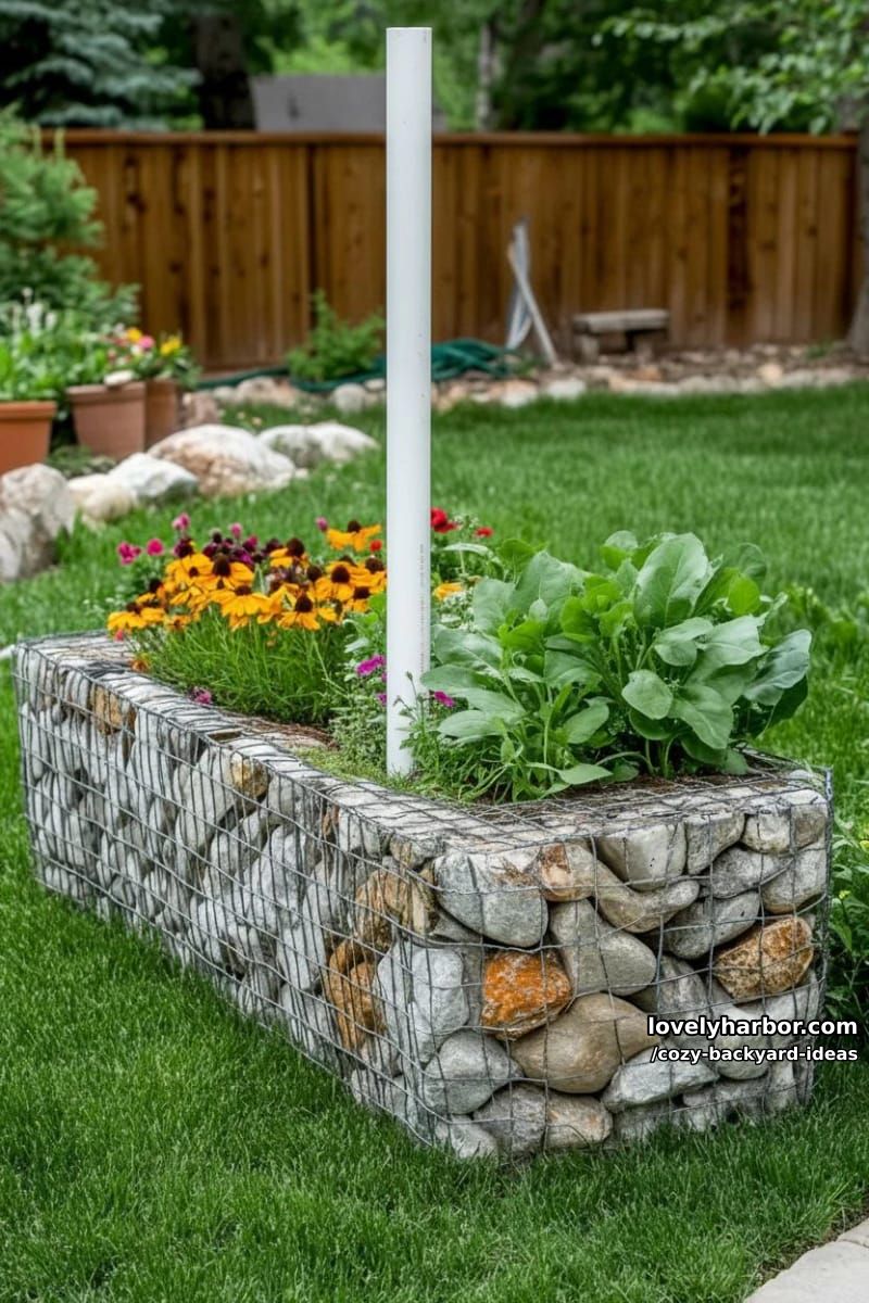 wire mesh stone container project with pvc pipe in grassy yard 1