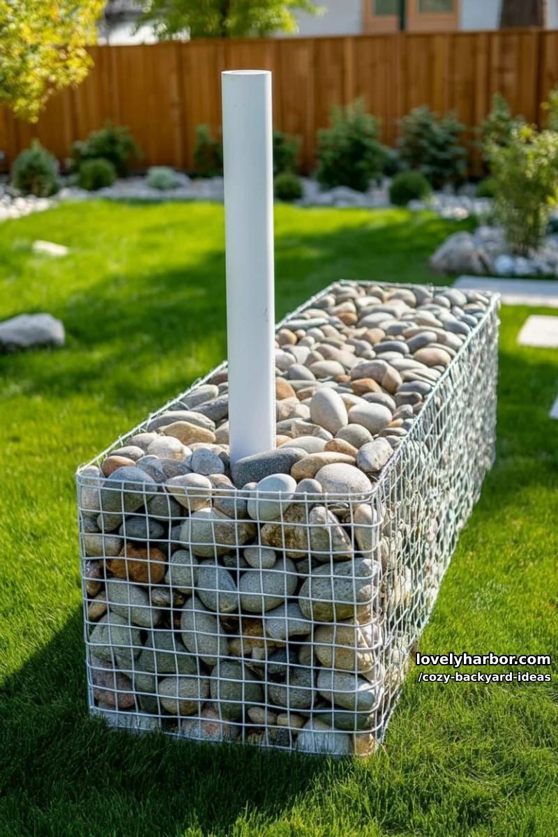 wire mesh stone container project with pvc pipe in grassy yard 1