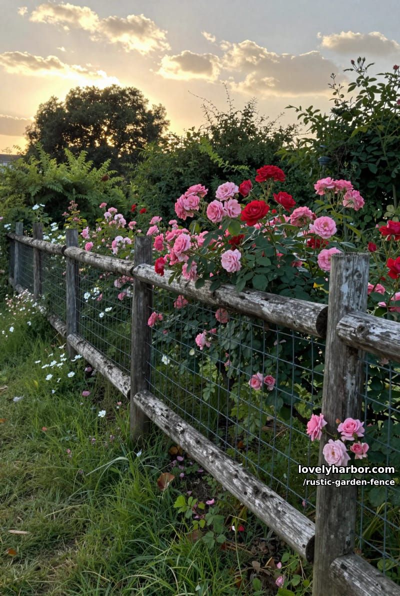 wooden and wire mesh fence with cascading roses at sunset in garden. 1