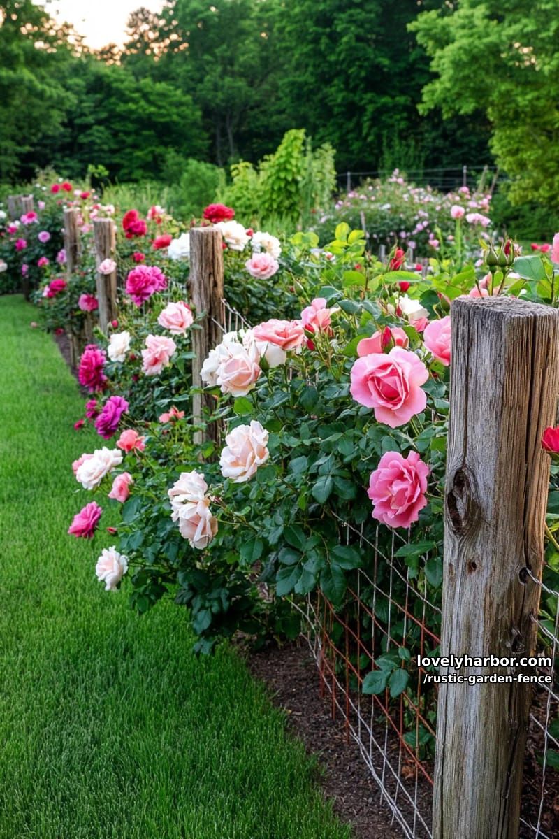 wooden and wire mesh fence with cascading roses at sunset in garden. 1
