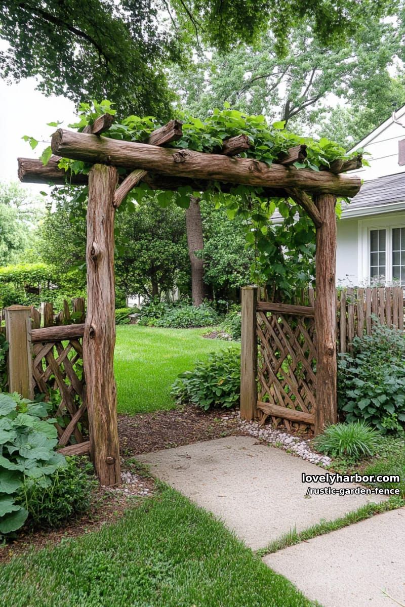 wooden arbor with vines beside aged lattice fence in lush backyard. 1
