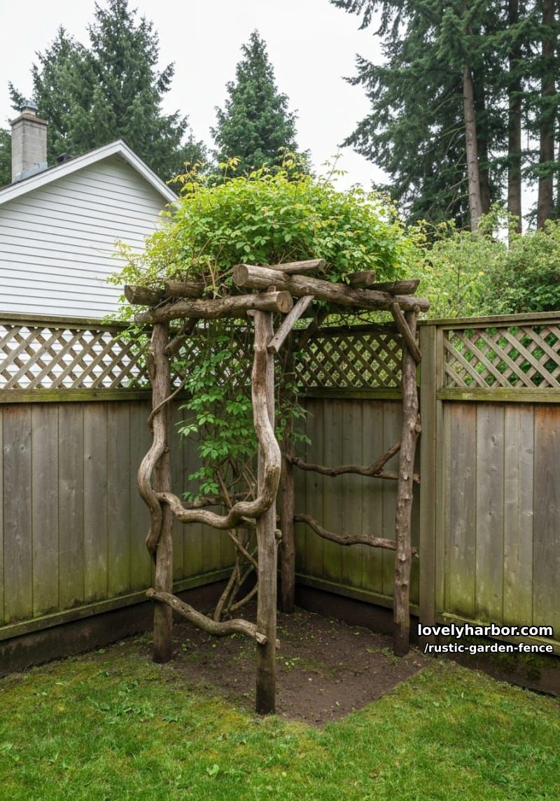 wooden arbor with vines beside aged lattice fence in lush backyard. 1