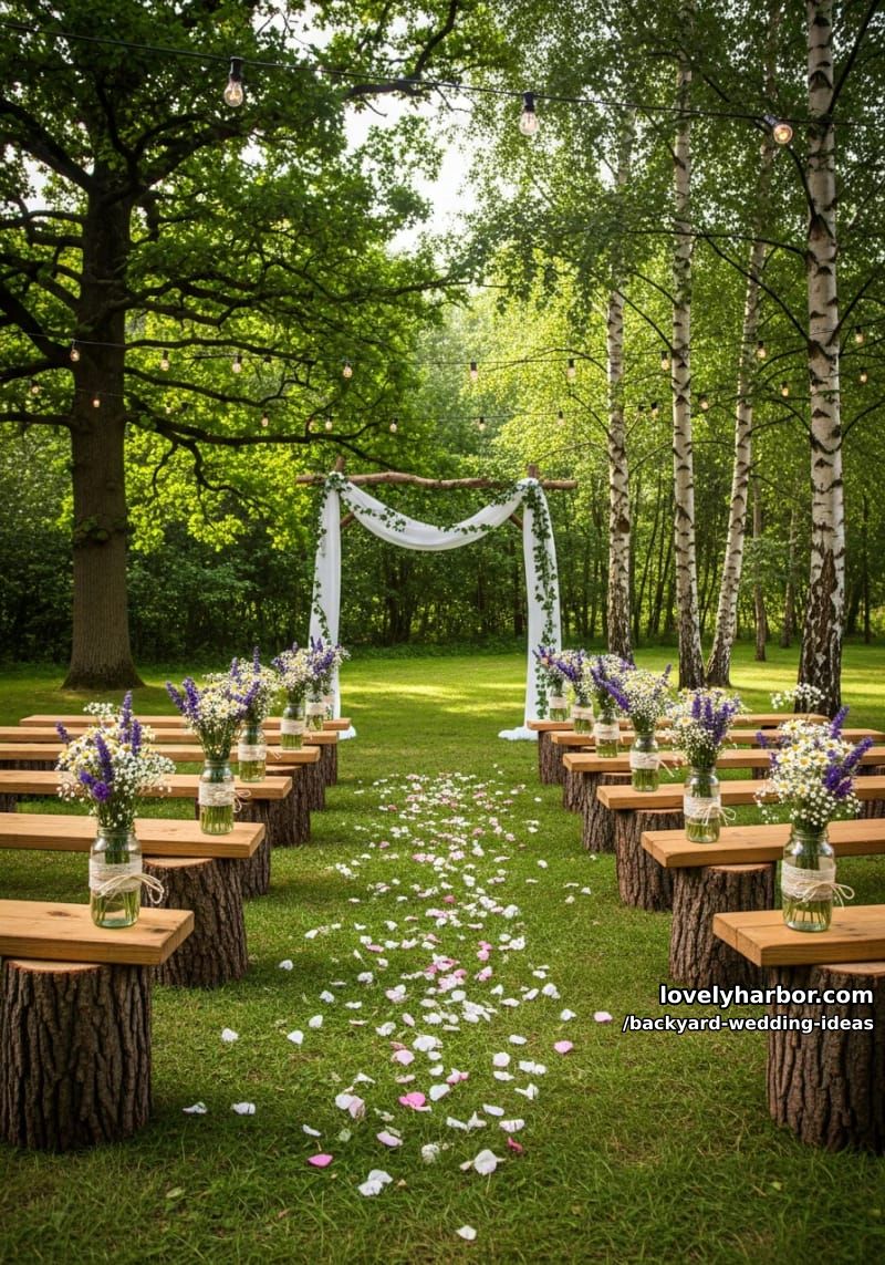 wooden benches on stumps with mason jar flower arrangements outdoors. 1