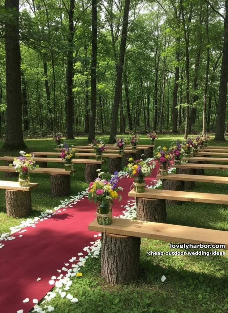 wooden benches on tree stumps with mason jar floral decorations outdoors. 16