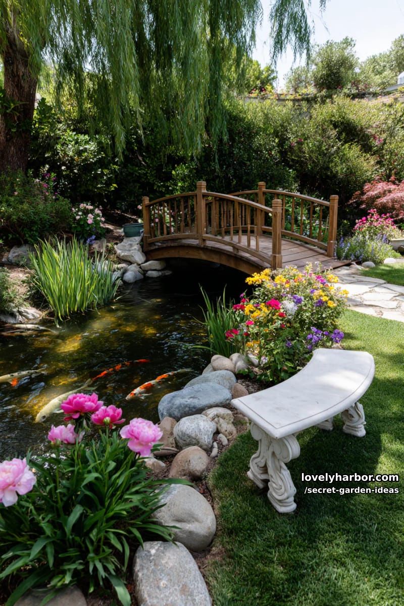 wooden footbridge over koi pond, blooming flowers, and white stone bench. 1