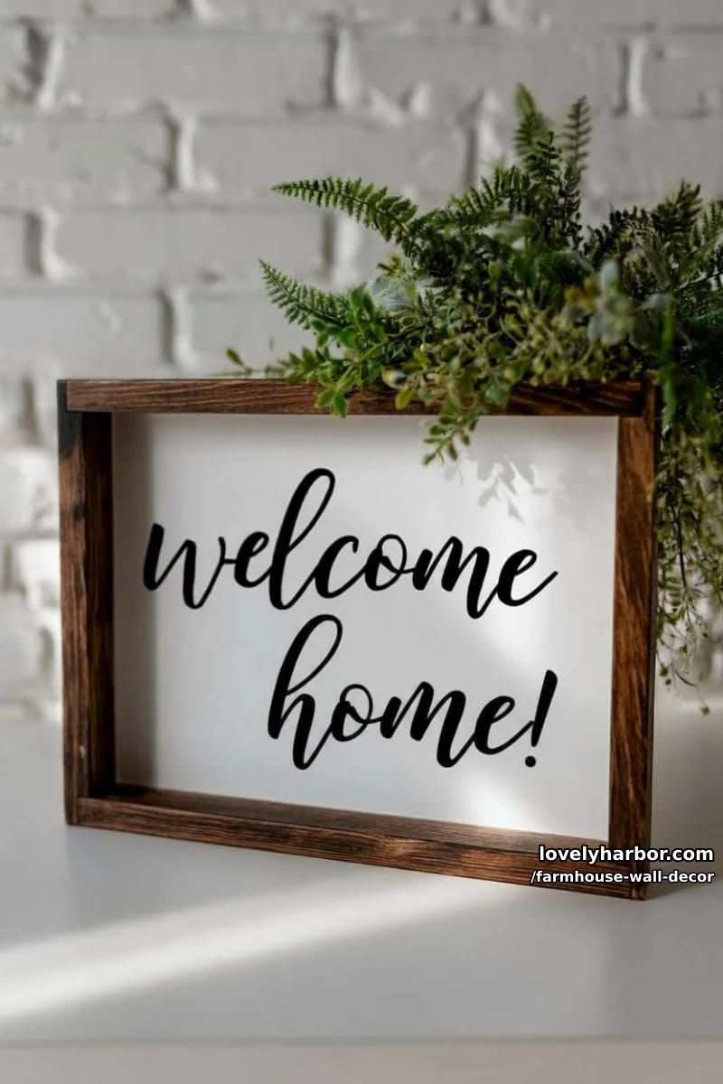 wooden-framed sign with foliage accent on white brick wall background. 1