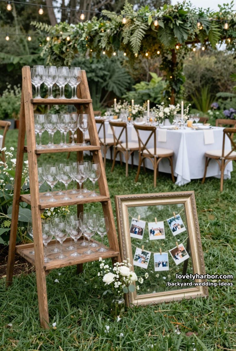 wooden ladder drink display, vintage photo frame, and candlelit tables. 1