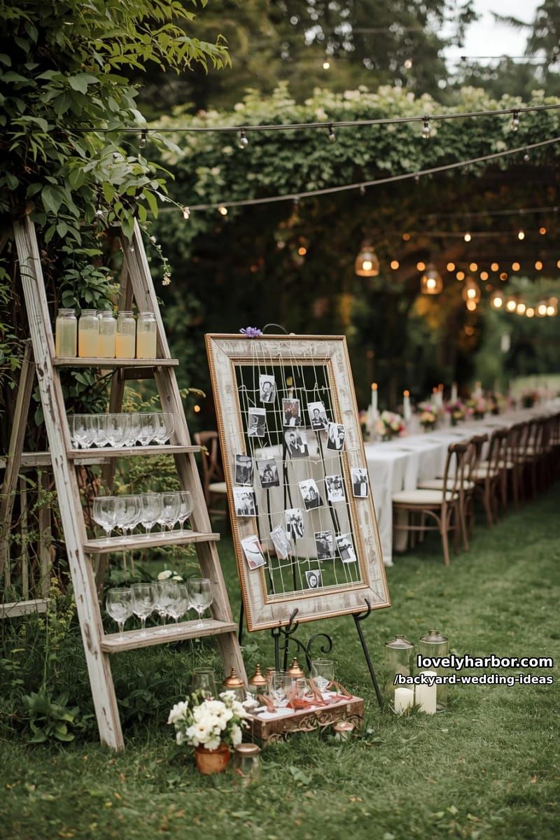wooden ladder drink display, vintage photo frame, and candlelit tables. 1