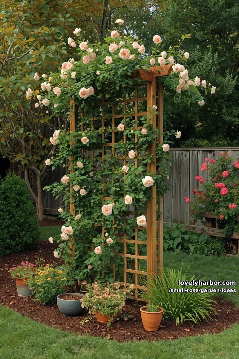 20 Chic Small Rose Garden Ideas for a Refreshing Outdoor Space 48 wooden lattice trellis with pink climbing roses and potted plants. 1
