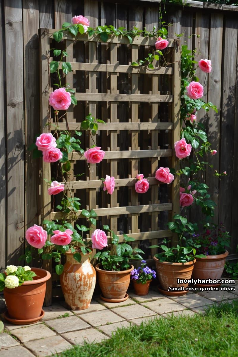 wooden lattice trellis with pink climbing roses and potted plants. 1