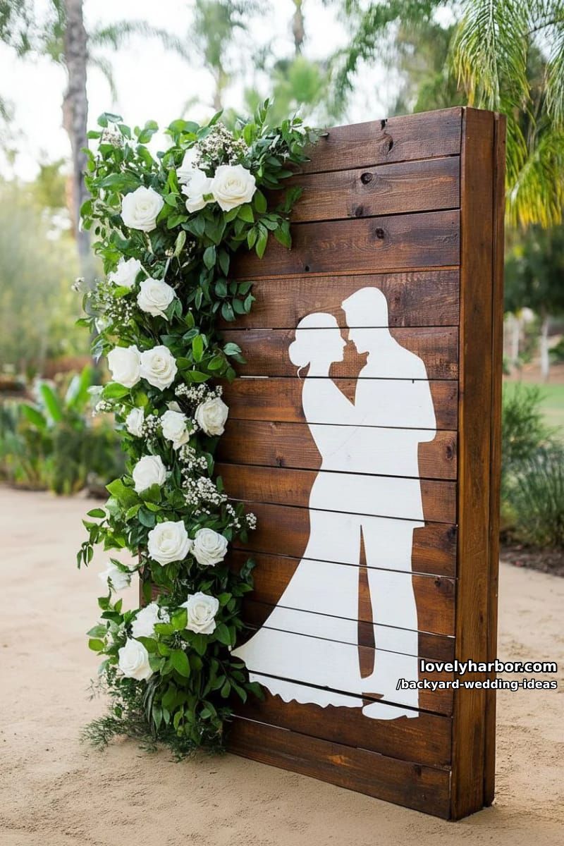 wooden pallet wall with green vines and white roses for rustic decor. 1