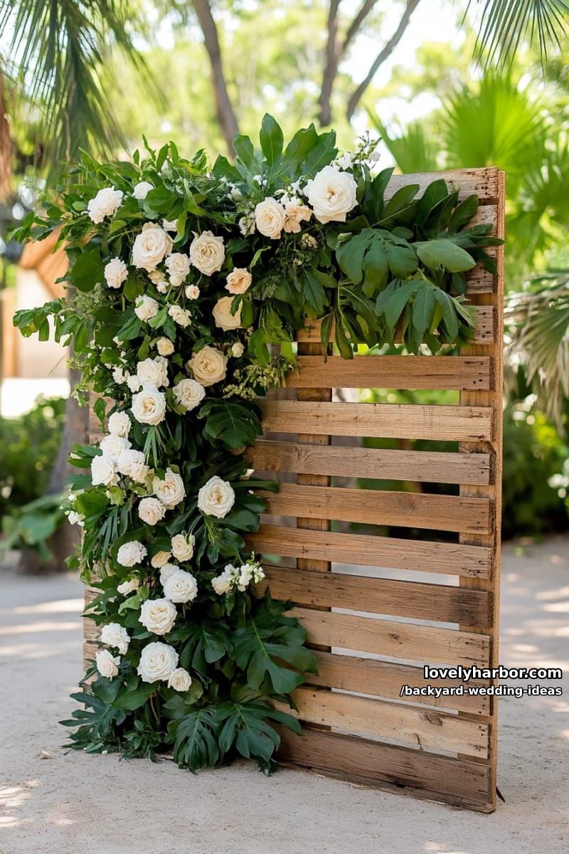 wooden pallet wall with green vines and white roses for rustic decor. 1