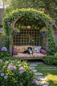 wooden pergola daybed, floral cushions, lounging dog, and vibrant flowering plants 36