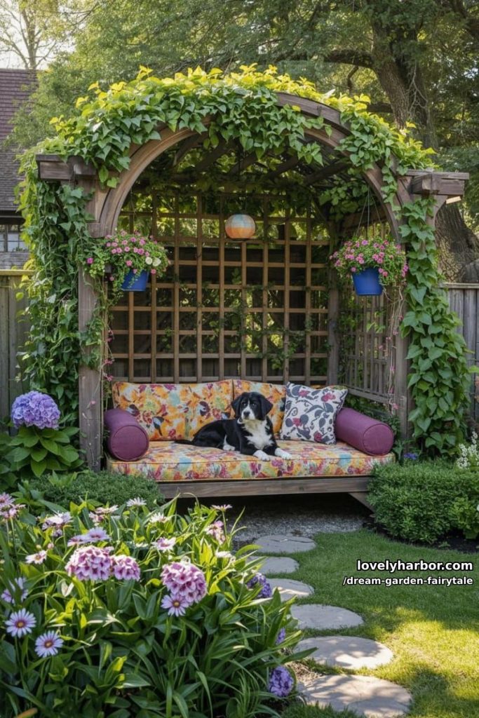 wooden pergola daybed, floral cushions, lounging dog, and vibrant flowering plants 36