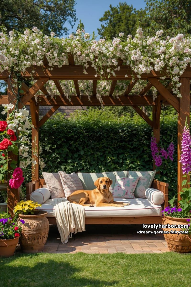 wooden pergola daybed, floral cushions, lounging dog, and vibrant flowering plants 1