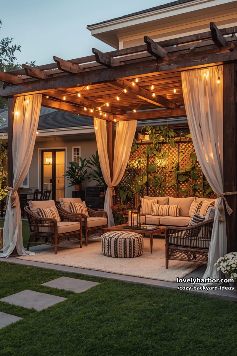 wooden pergola patio with curtains, string lights, and cozy wicker seating 1
