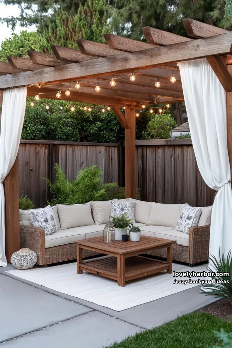 20 Cozy Backyard Ideas You Must Try 9 wooden pergola patio with curtains, string lights, and cozy wicker seating 1