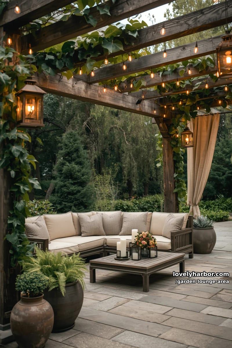 wooden pergola patio with string lights, lanterns, and cream sectional 1
