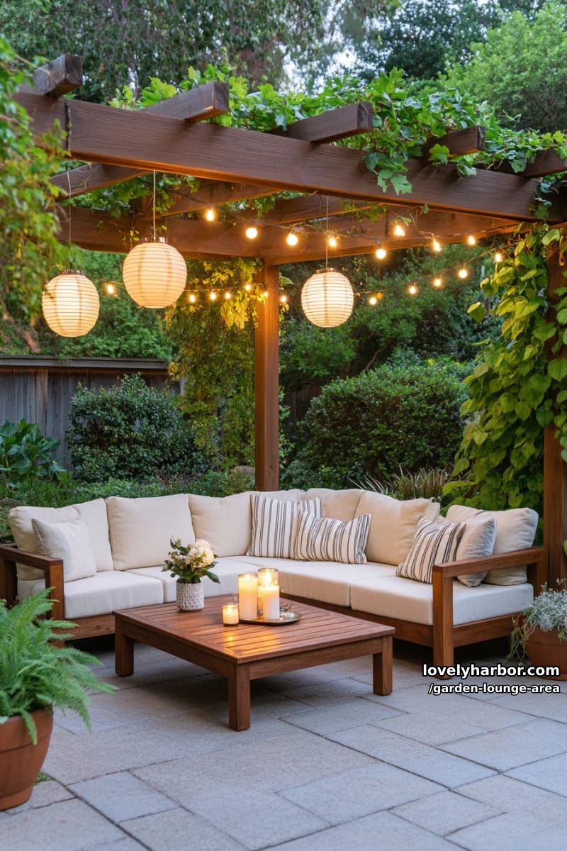 wooden pergola patio with string lights, lanterns, and cream sectional 1