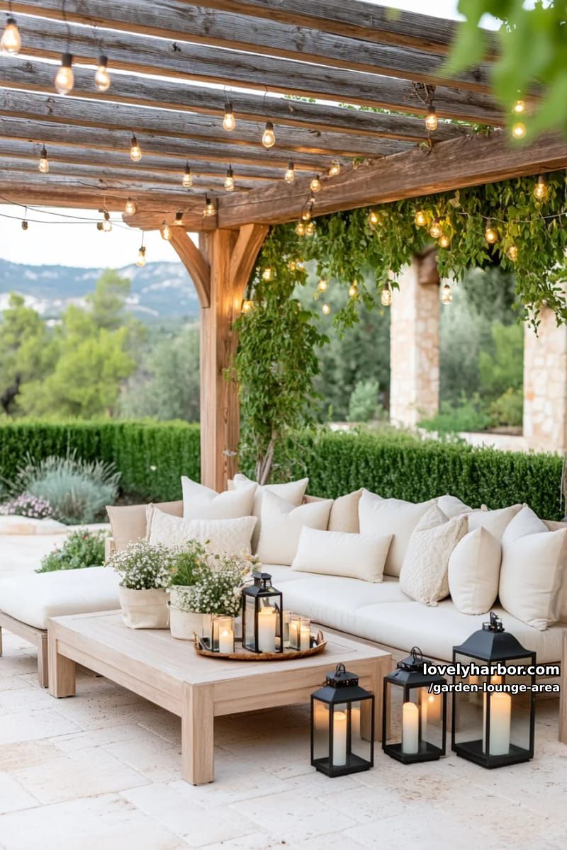 wooden pergola patio with string lights, lanterns, and cream sectional 1